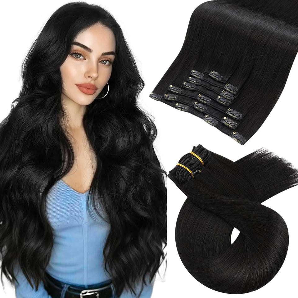 Moresoo front packaging in Natural Black showing product benefit of authentic Remy hair