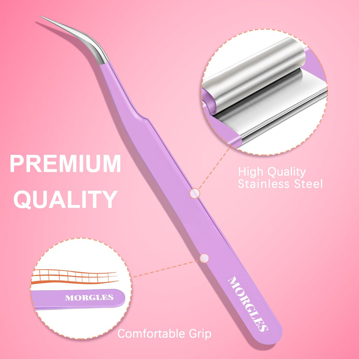 MORGLES curved tweezer reaching inner corner for accurate access and reduced hand strain benefit