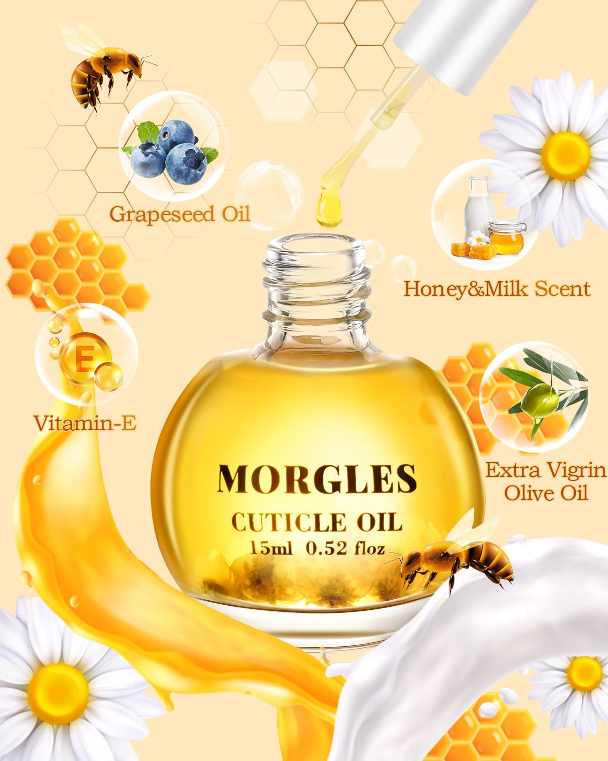 MORGLES milk and honey cuticle oil bottle with applicator promoting hydrated cuticles