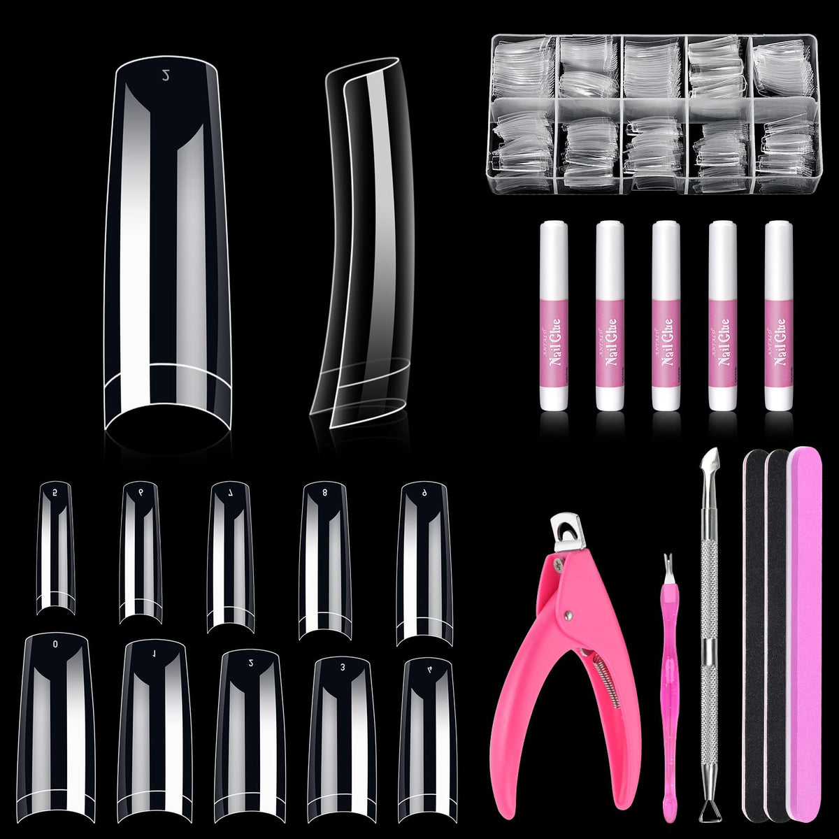 MORGLES front packaging showing 500 clear nail tips and included tools for complete kits