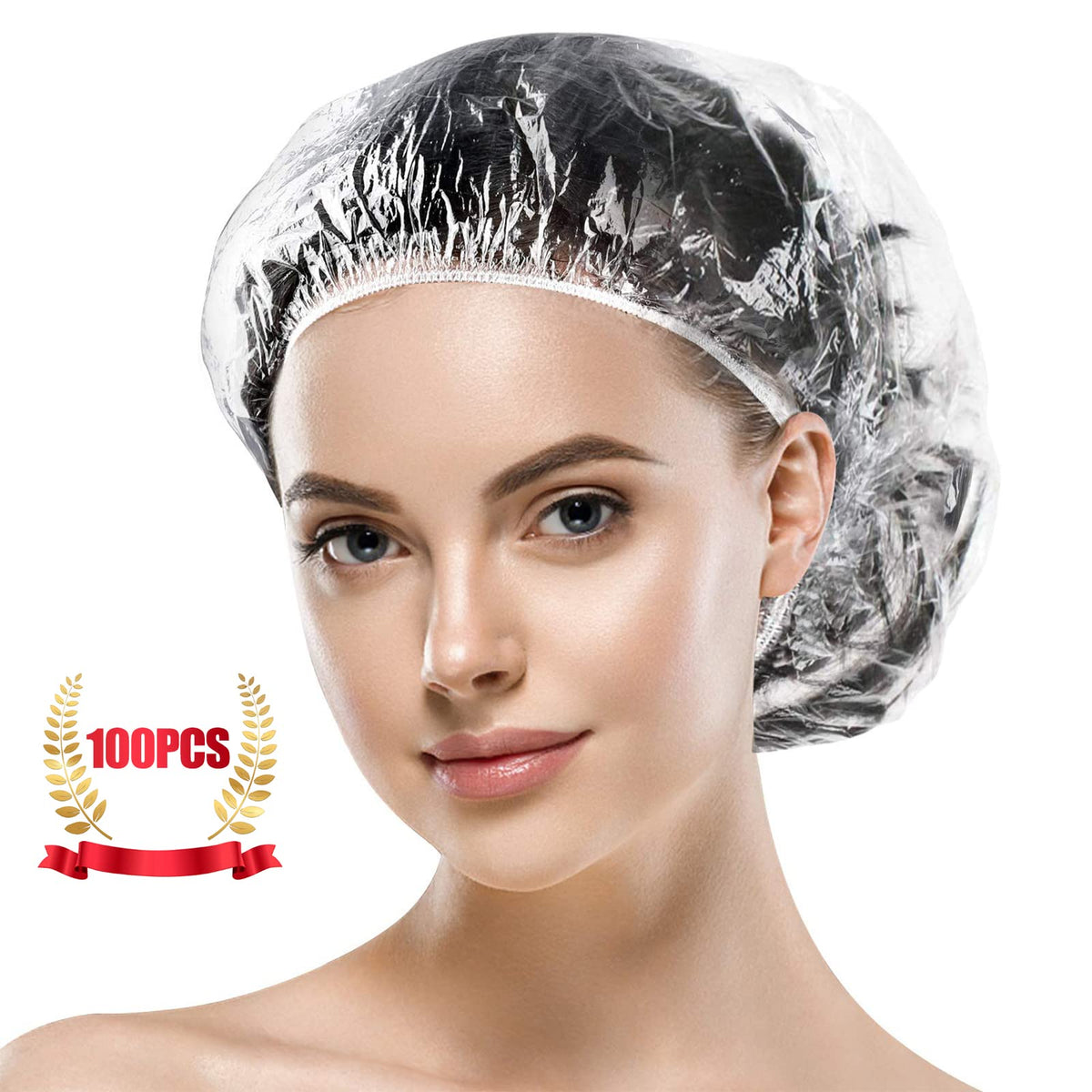 MORGLES front pack of 100 clear shower caps showing quantity and convenience