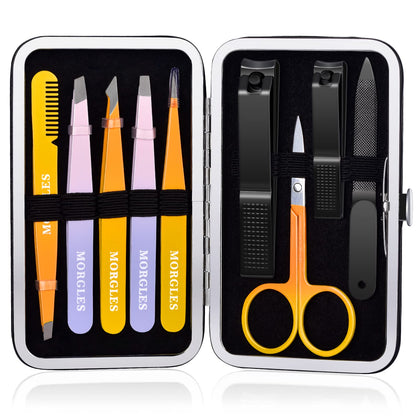 MORGLES front packaging displaying the full 9-piece grooming kit and leather case for easy storage
