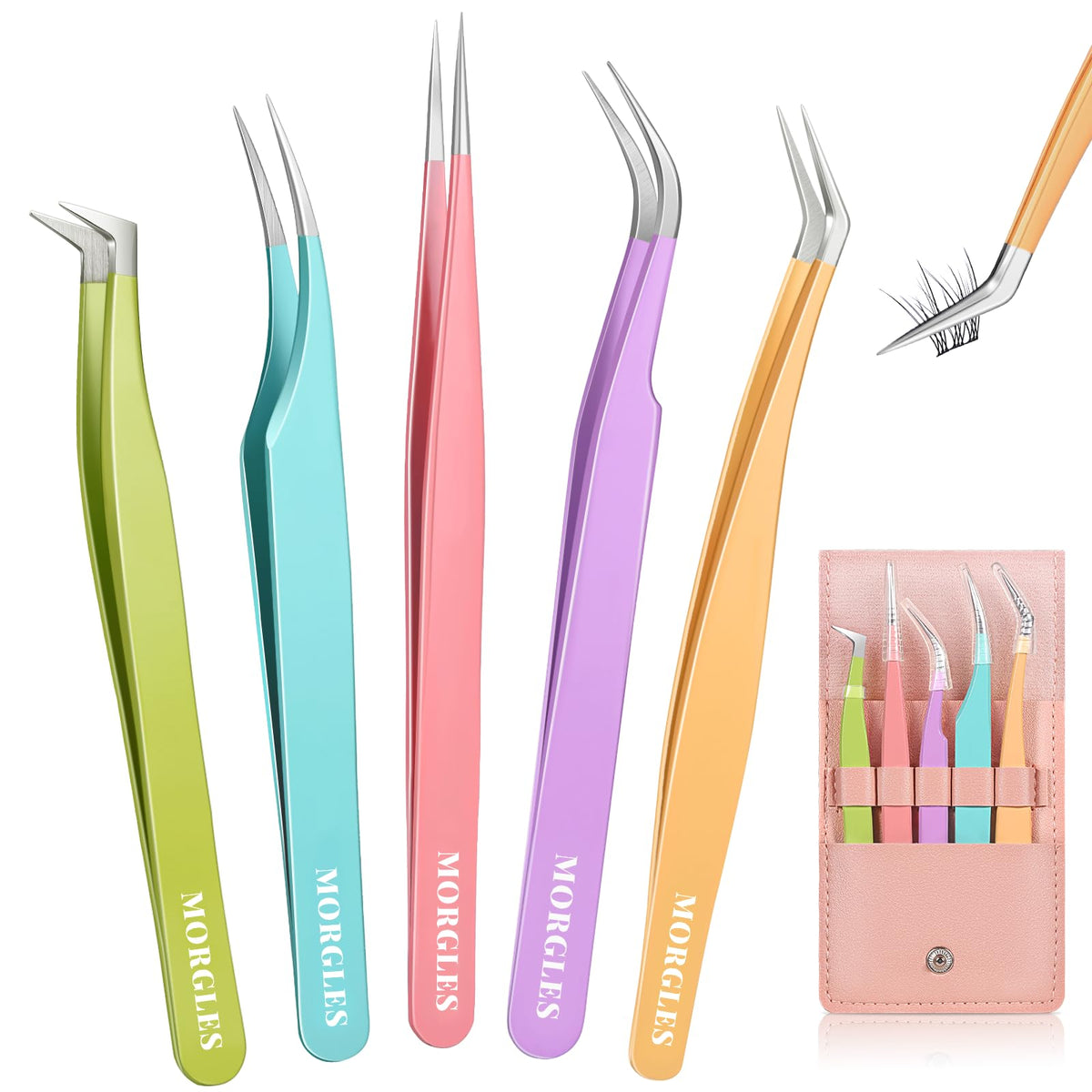 MORGLES front view of five tweezers set showing organized layout and portability benefit