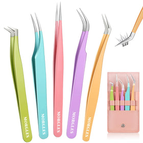MORGLES front view of five tweezers set showing organized layout and portability benefit