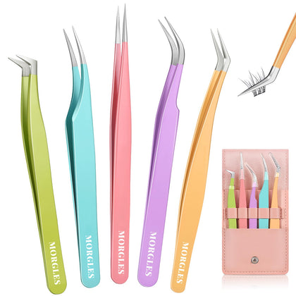 MORGLES front view of five tweezers set showing organized layout and portability benefit