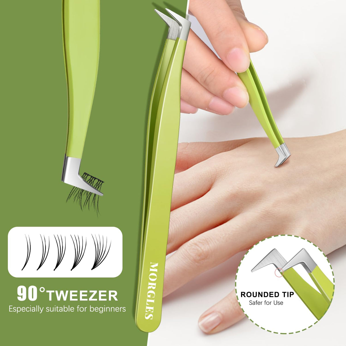 MORGLES S-curved dolphin tweezer contouring to eye shape for comfortable placement benefit