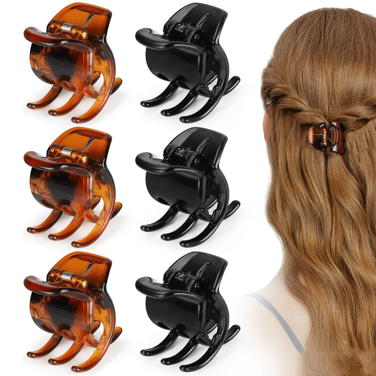 Morhom front view of six claw clips showing compact, versatile hold