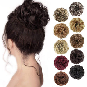 MORICA messy bun front view showing full curly volume and instant style boost