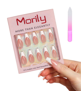 morily close-up of glossy white French tip highlighting clean lines and durability