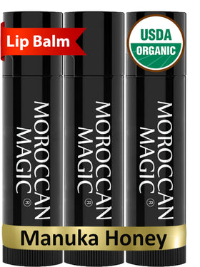 Moroccan Magic front packaging showing three balms and benefits