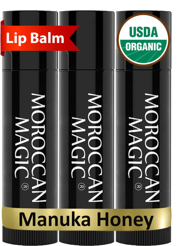 Moroccan Magic front packaging showing three balms and benefits