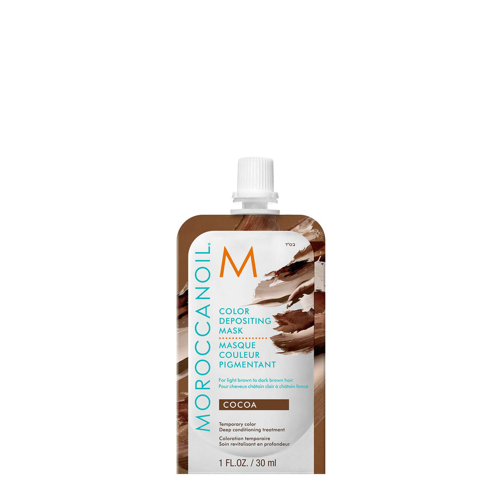 Moroccanoil packette front view showing cocoa shade and benefits