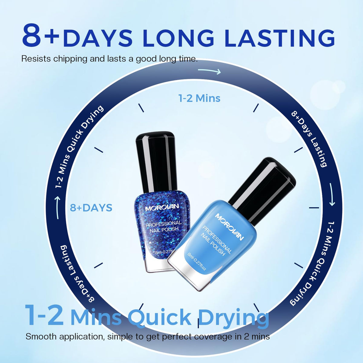 Morovan application brush stroke on nail tip demonstrating quick-dry smoothness