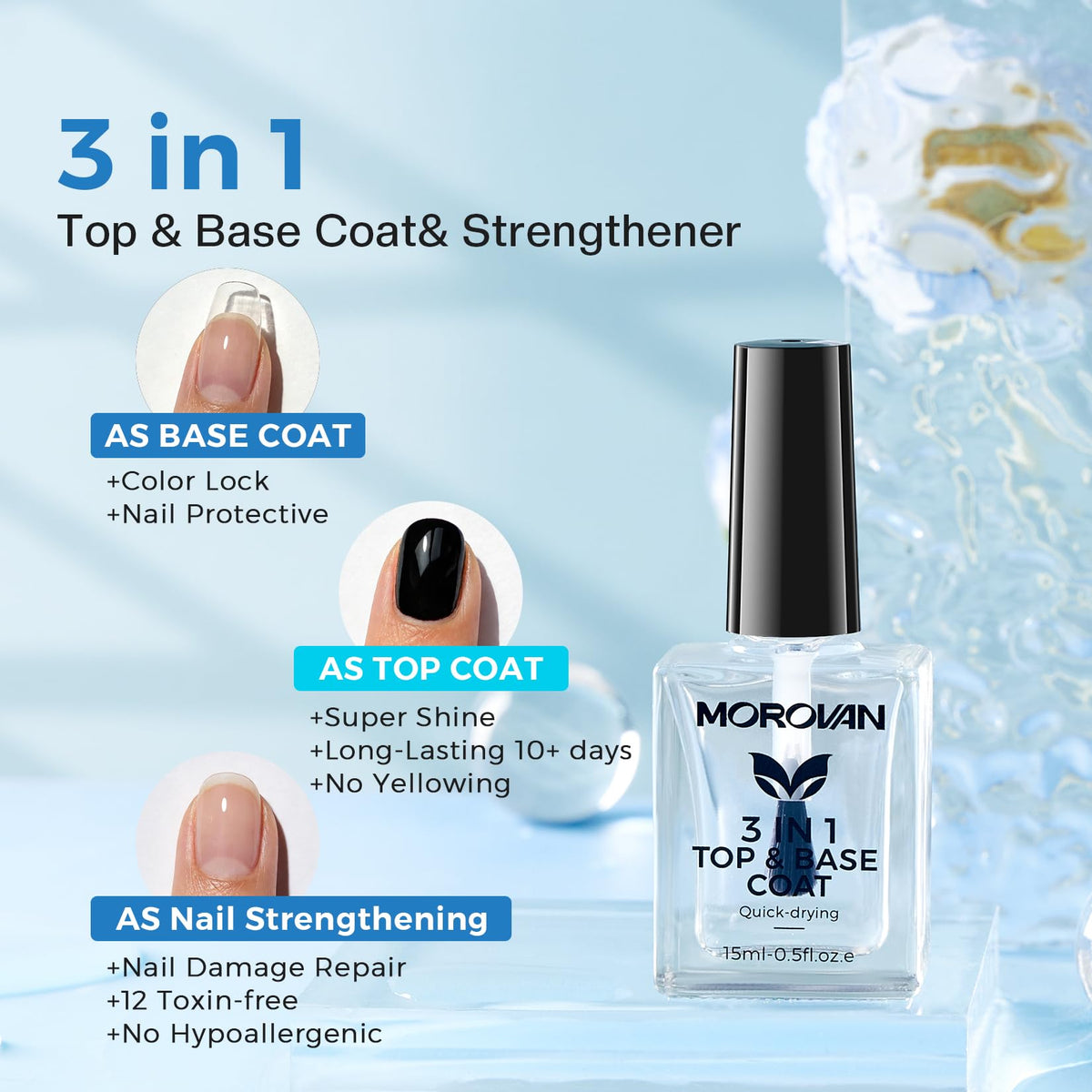 Morovan brush and cap close-up illustrating smooth even strokes for polish control