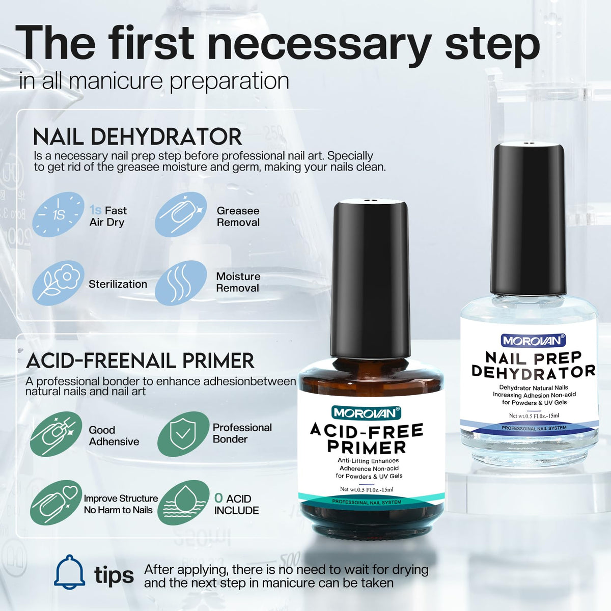 Morovan dehydrator liquid drop on nail demonstrating quick-dry action for better bonding