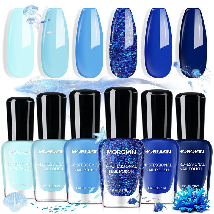 Morovan front packaging showing six blue polishes and easy selection benefit