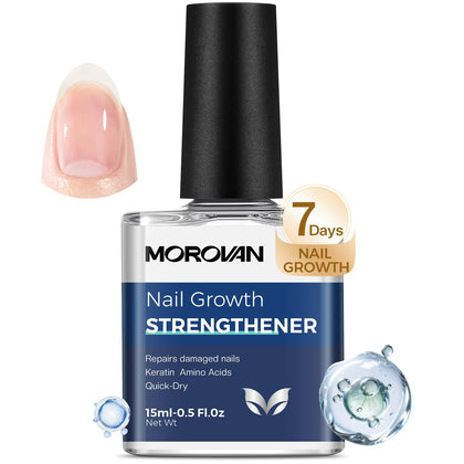 Morovan front packaging showing clear nail strengthener and quick-dry benefit