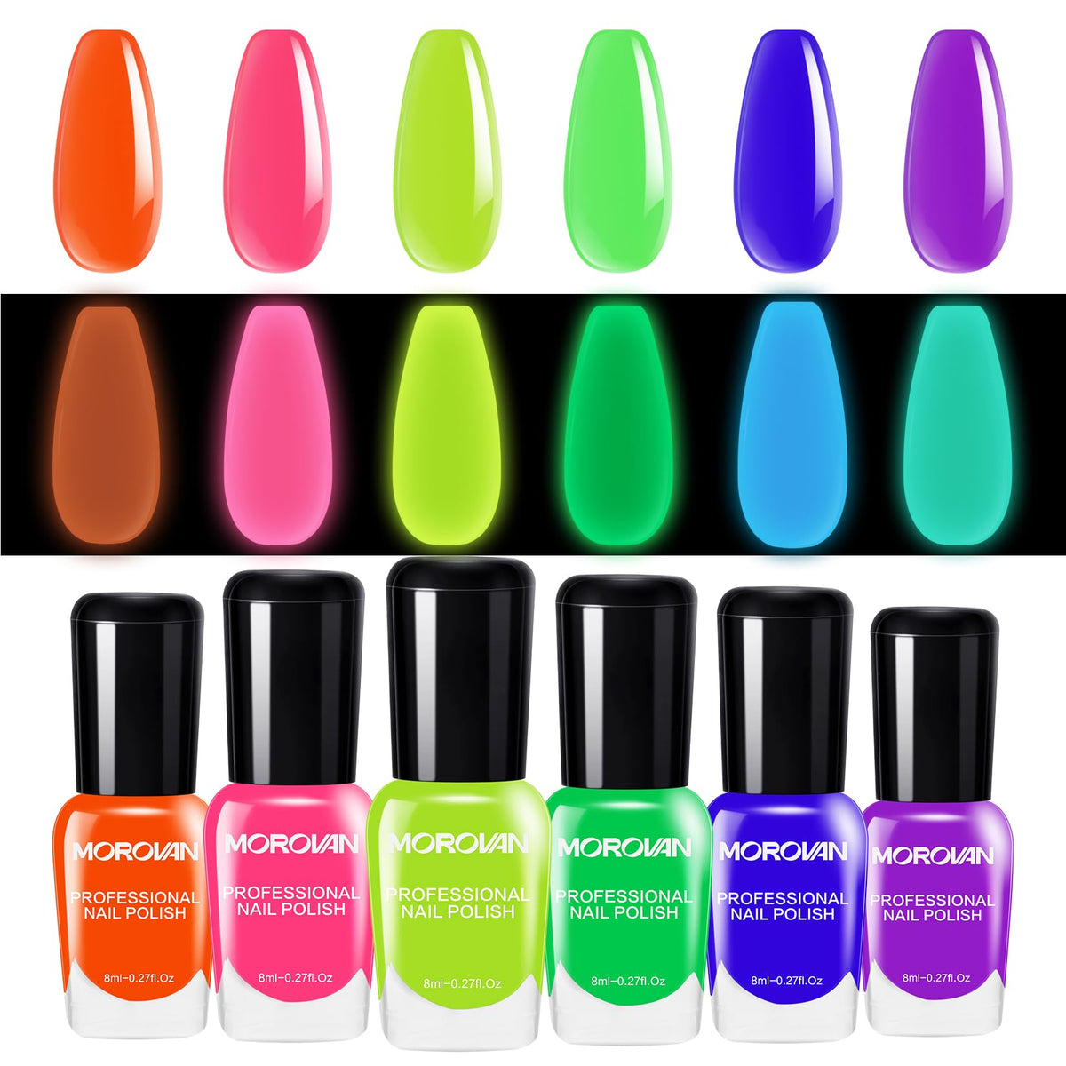 Morovan front packaging showing full neon polish set and party-ready colors