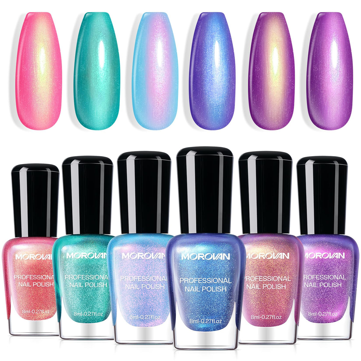 Morovan front packaging showing six ombre bottles and vibrant colors