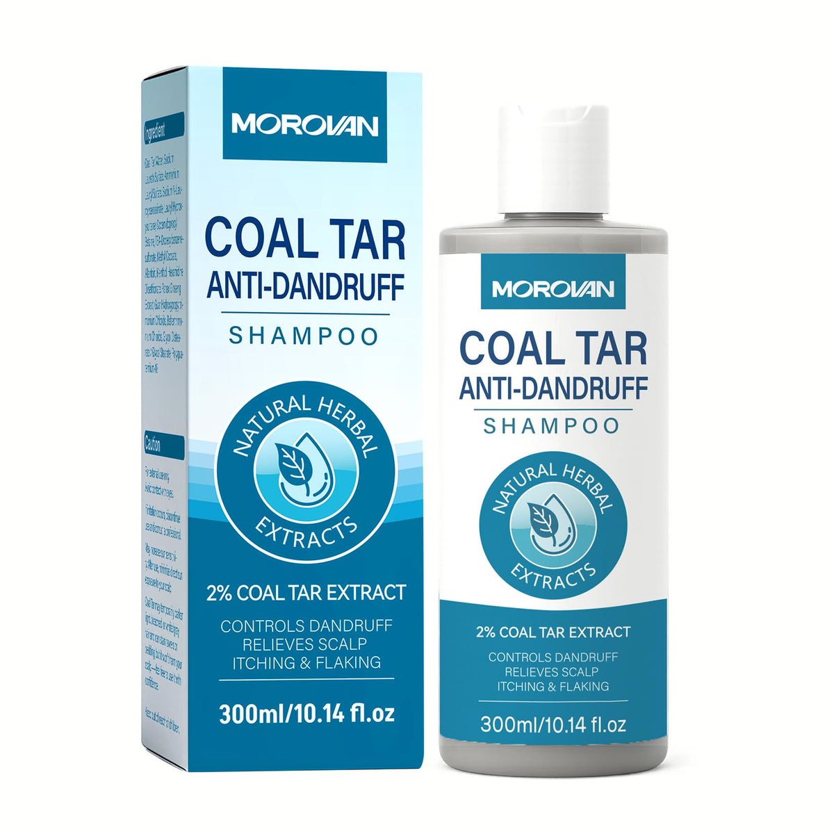 Morovan front packaging showing 2% coal tar medicated shampoo for targeted flake control