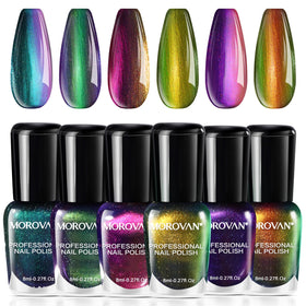 Morovan front packaging showing six holographic bottles and quick-dry benefit
