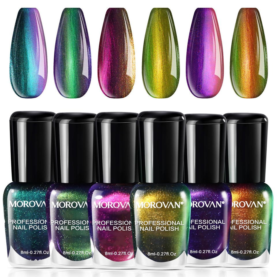 Morovan front packaging showing six holographic bottles and quick-dry benefit