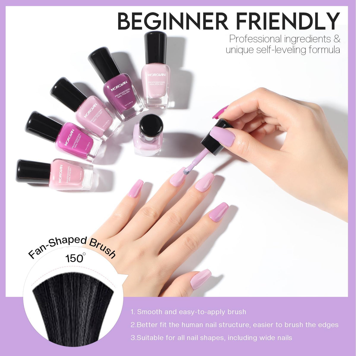 Morovan pedicure on toes, displaying coordinated lavender shade benefit