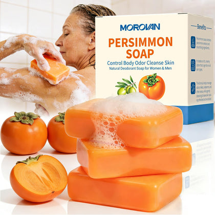 Morovan persimmon soap front packaging showing three natural bars and benefits