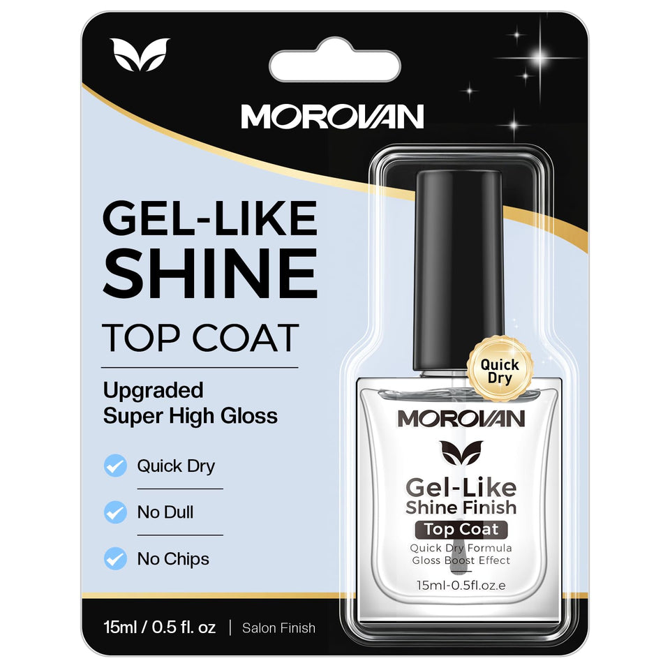 Morovan front bottle showing clear top coat and glossy finish benefit
