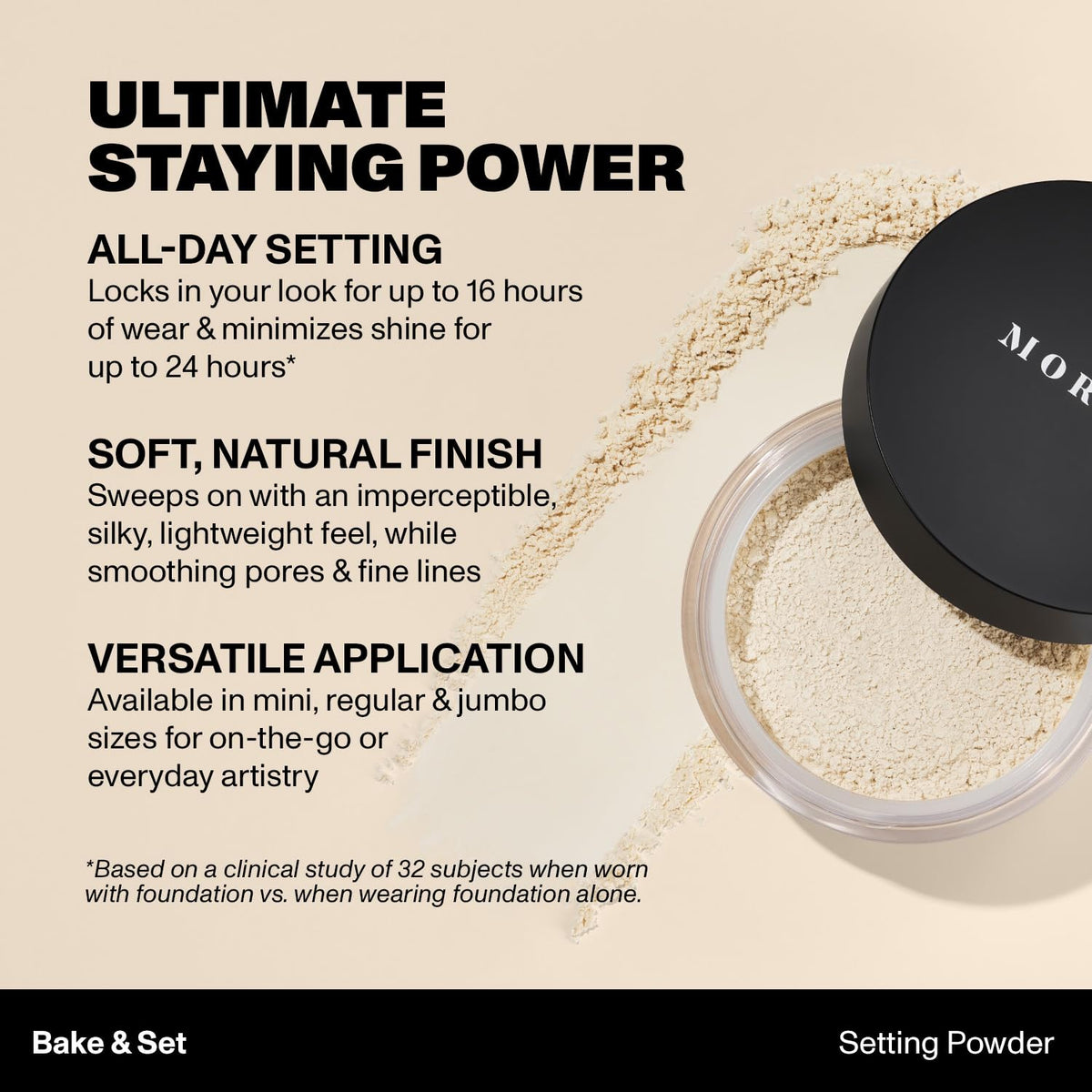 MORPHE brush applying powder to face demonstrating quick setting and mattifying effect