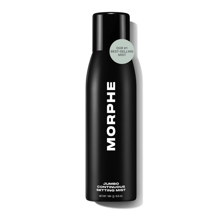 MORPHE front view of jumbo setting spray bottle showing size and branding benefit: long-lasting hold