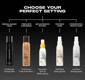 MORPHE spray inside makeup bag on counter showing portability and quick refresh benefit