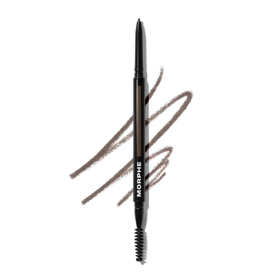 MORPHE front view of dual-ended eyebrow pencil showing compact packaging and Java shade benefit
