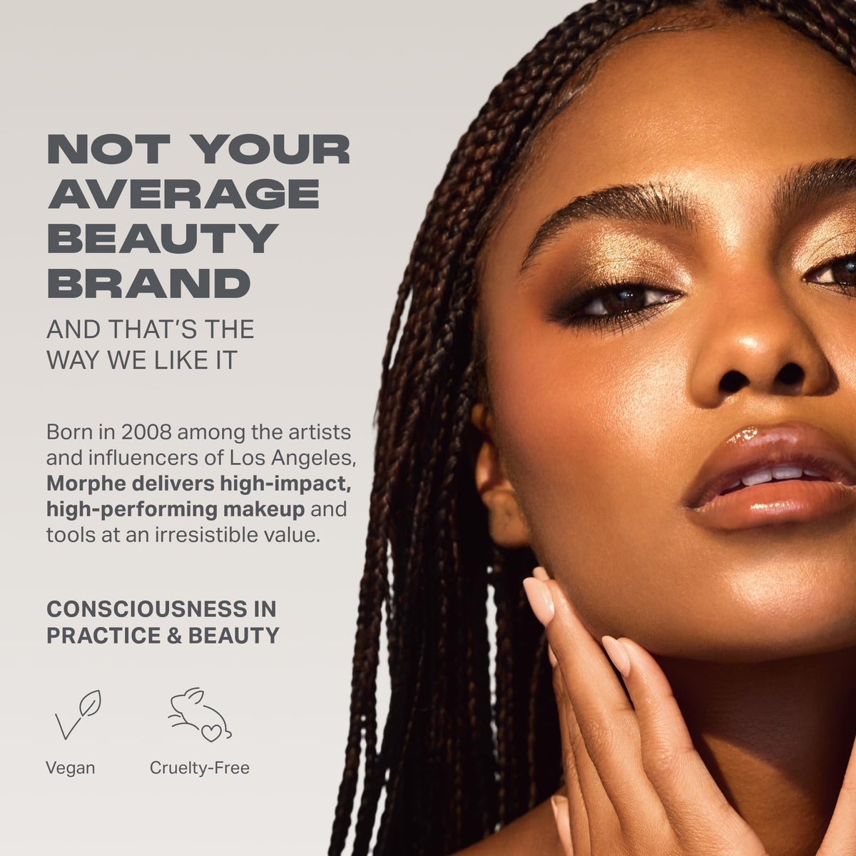 Ingredient label on MORPHE bottle showing vitamin E, B5, and fruit extracts for skin conditioning