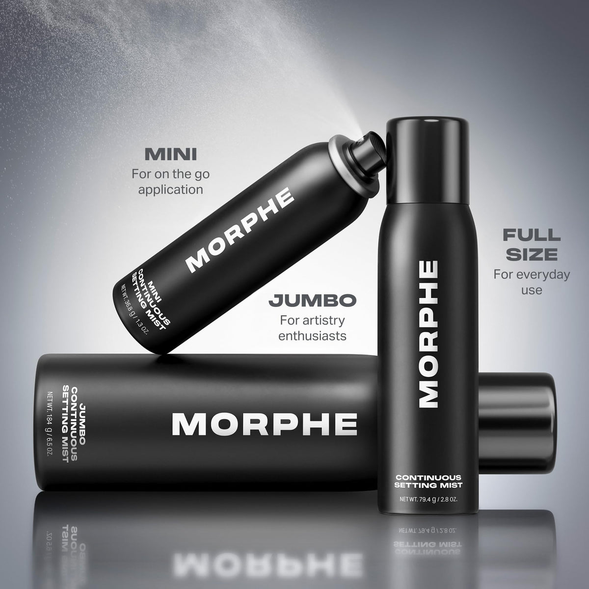 MORPHE setting spray next to a smartphone for scale showing large 6.5 fl oz capacity benefit