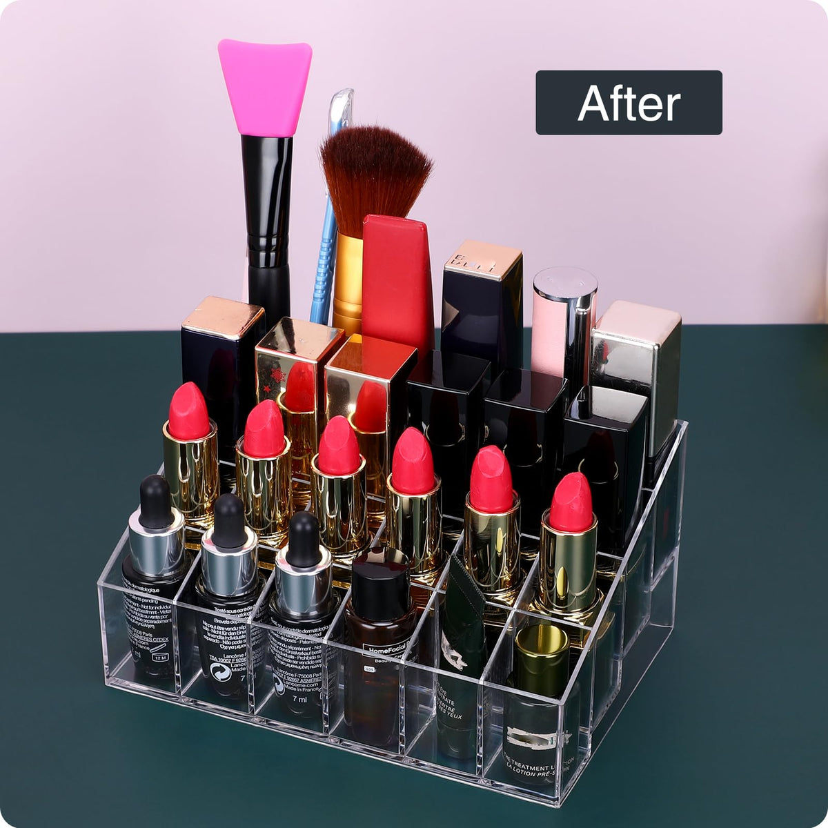 MOSIKER on bathroom counter demonstrating tidy vanity and time-saving benefit