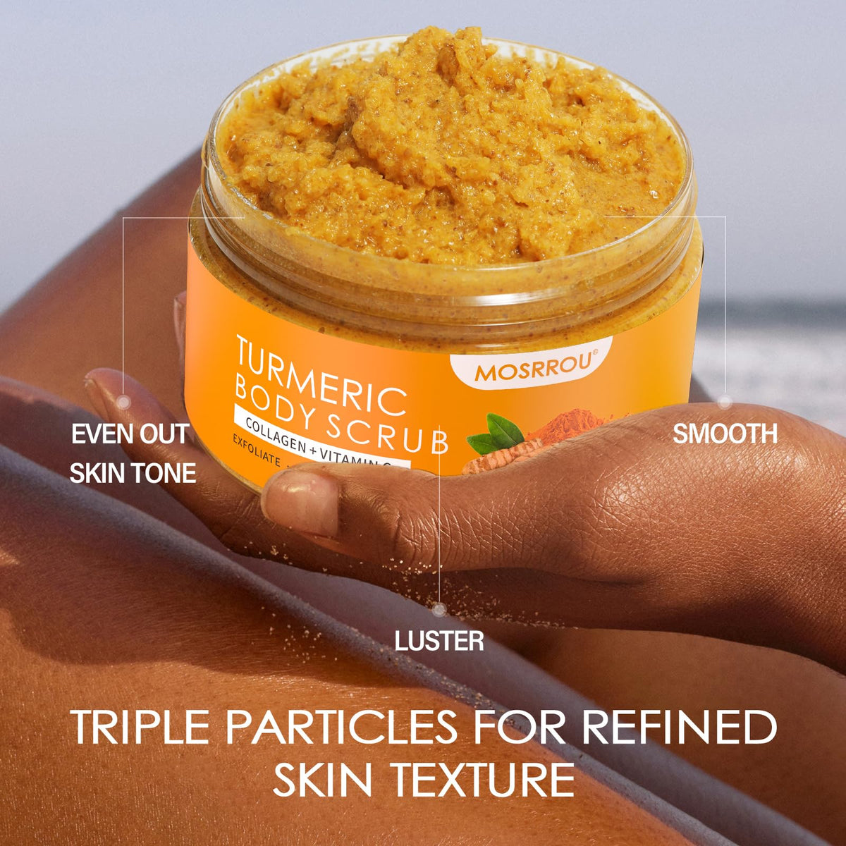 MOSRROU ingredients flatlay with coconut and turmeric highlighting natural blend