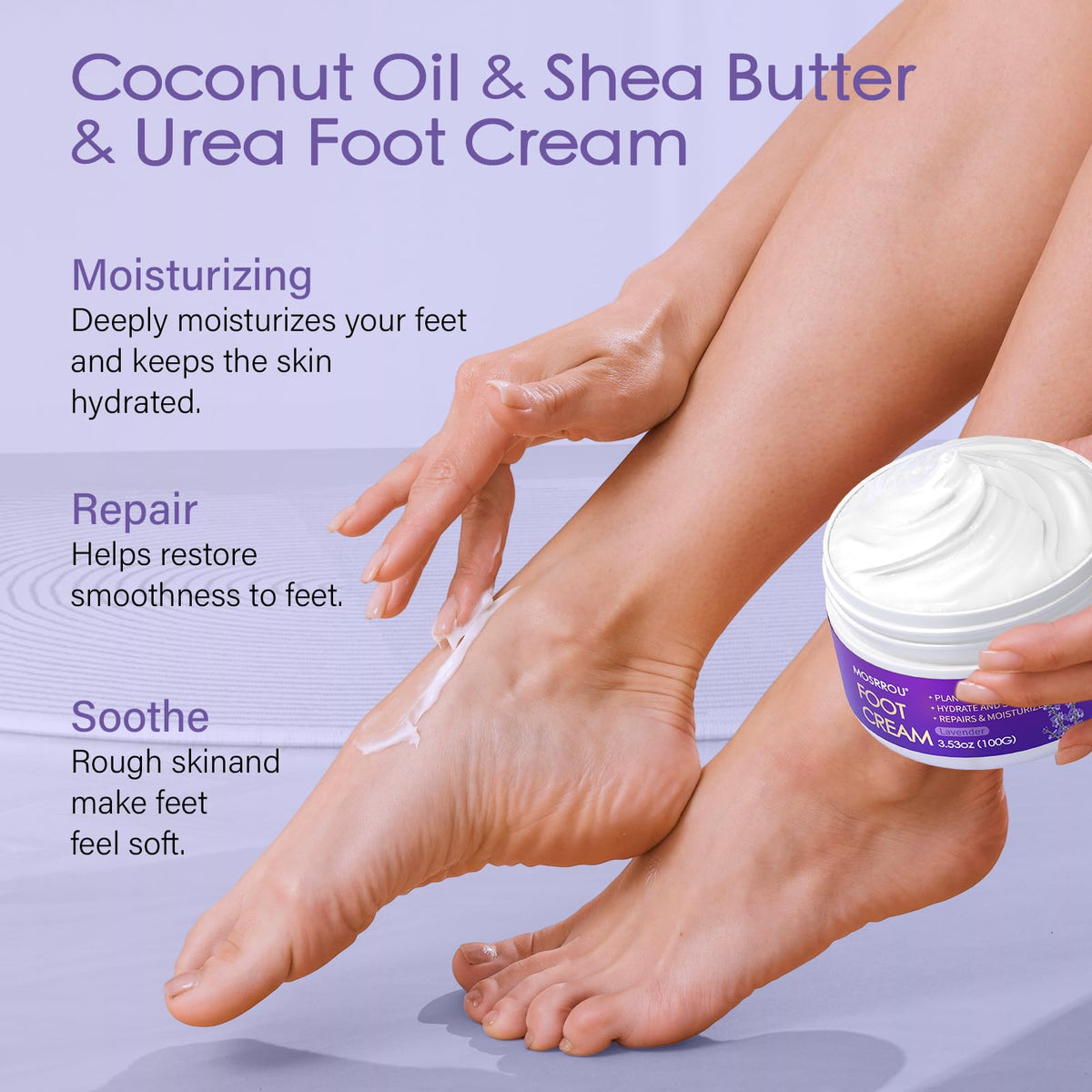 MOSRROU foot cream tube squeezed onto hand to show rich moisturizing benefit