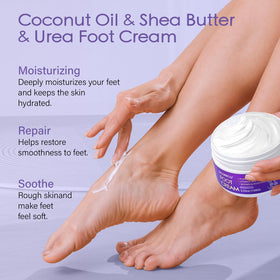 MOSRROU foot cream tube squeezed onto hand to show rich moisturizing benefit