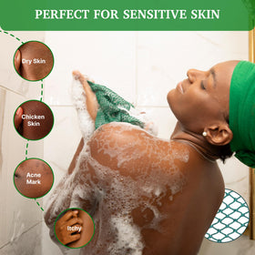 Mother Africa sponge producing rich lather in shower for efficient cleansing