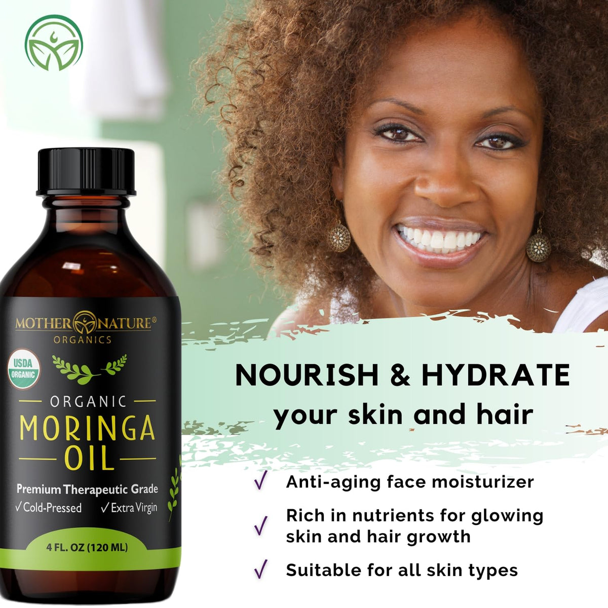 Mother Nature Organics smoothing oil through hair to reduce frizz and add shine
