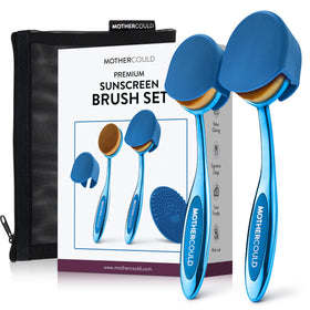 MotherCould front view of blue two-pack brush set for quick sunblock application