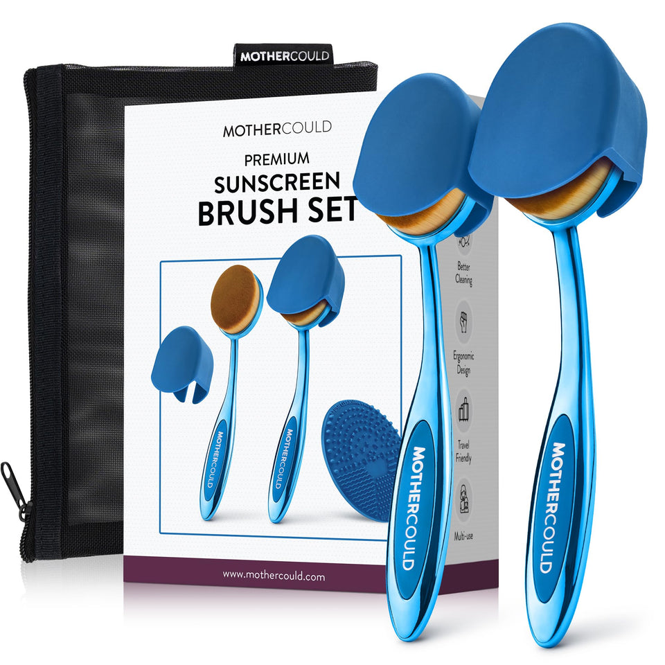 MotherCould front view of blue two-pack brush set for quick sunblock application