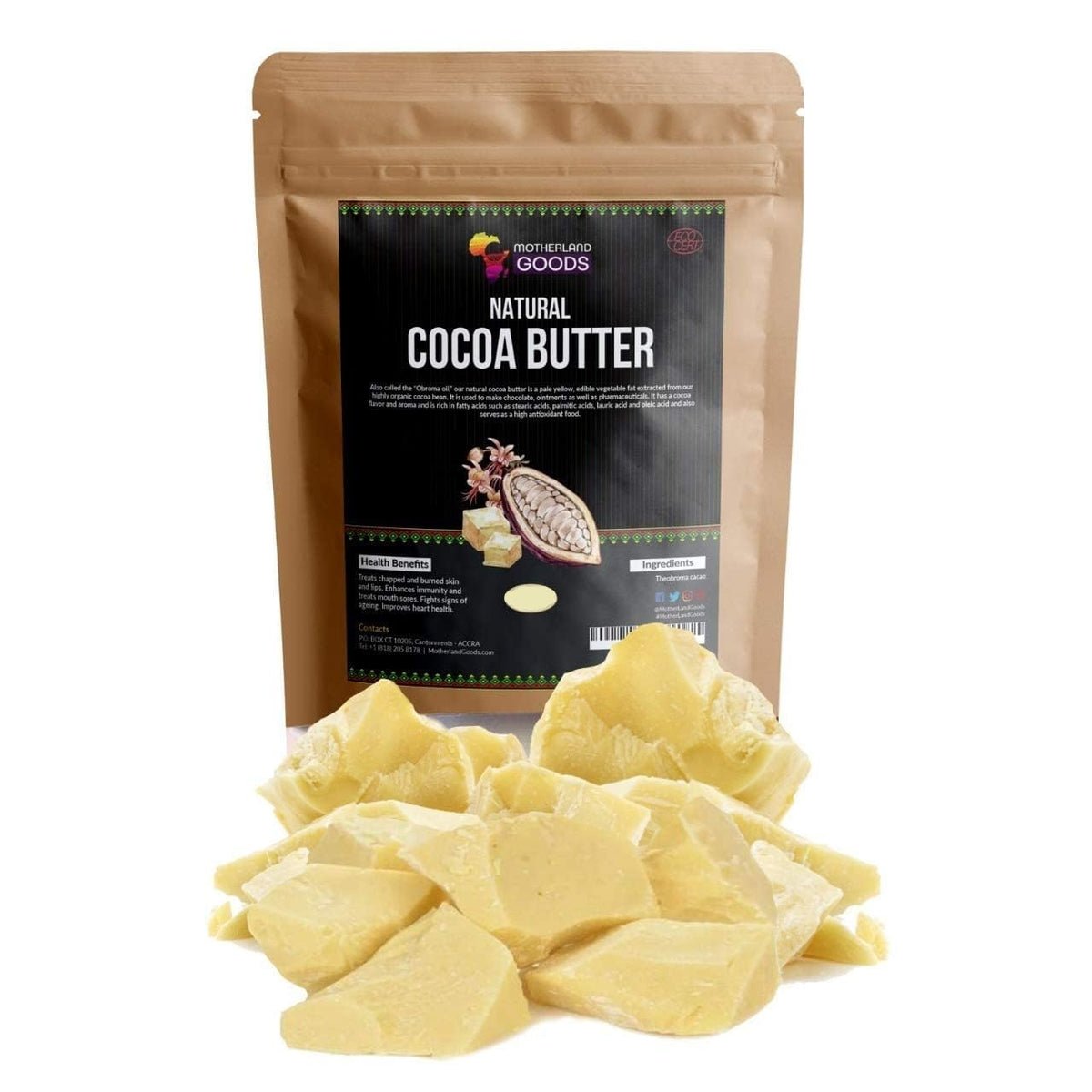 Motherland Goods front packaging showing raw cocoa butter chunks and moisturizing benefit