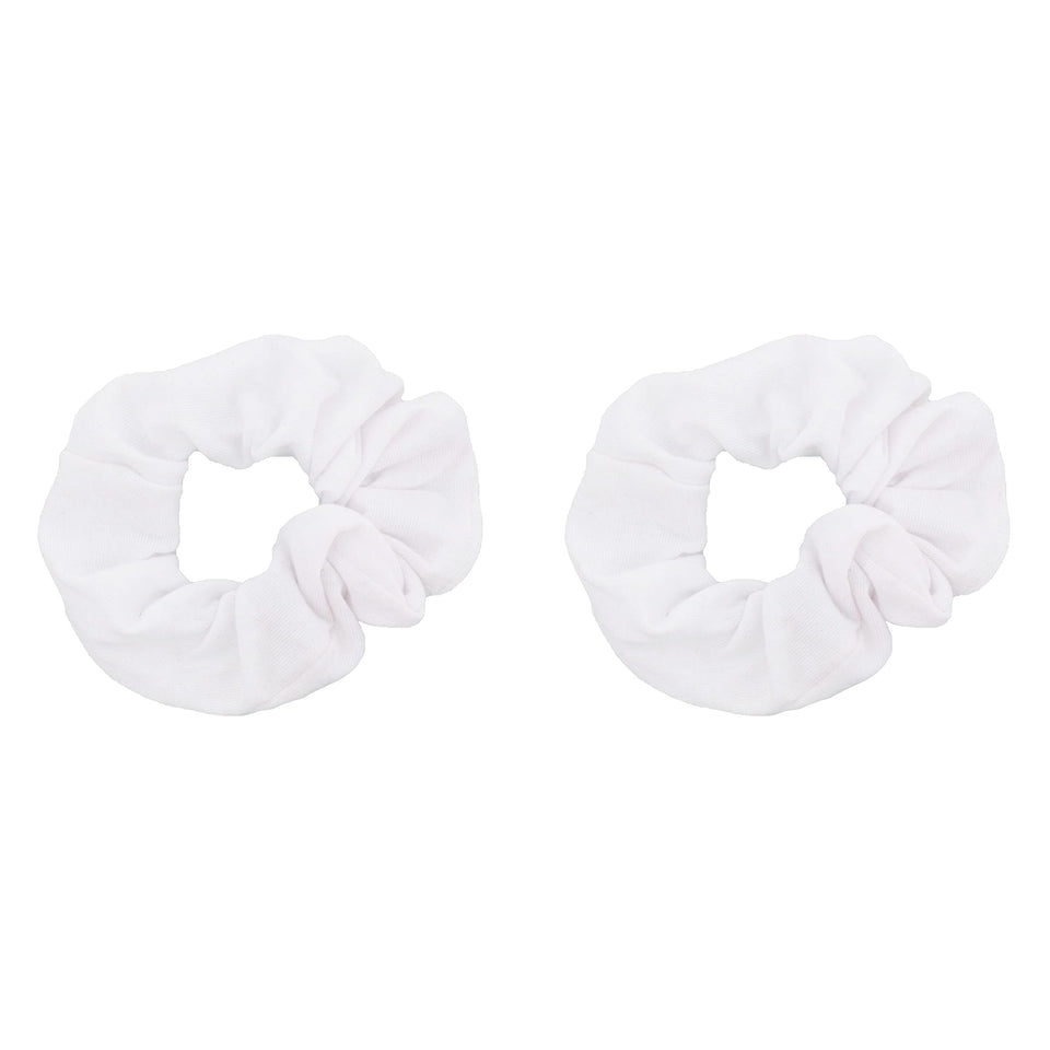 Motique Accessories front view of two white scrunchies showing clean design and soft hold