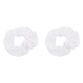 Motique Accessories front view of two white scrunchies showing clean design and soft hold