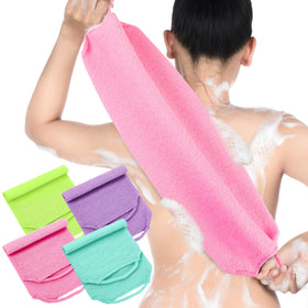 Moukeren front view of four-pack back scrubbers shows neat packaging and colors, convenience