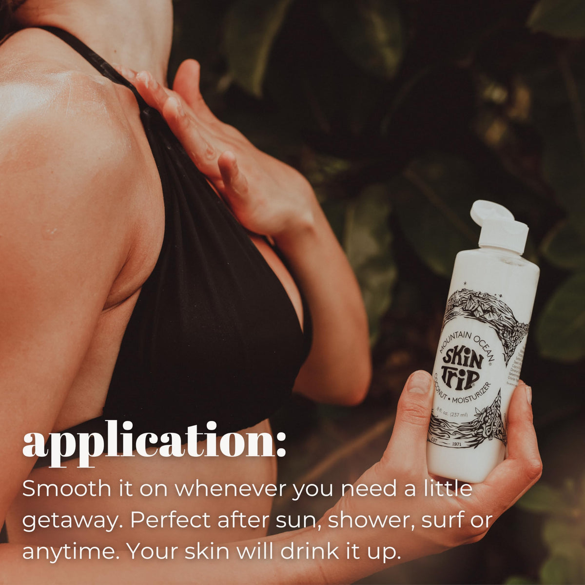 Mountain Ocean bottle staged on a beach towel suggesting uplifting coconut scent benefit