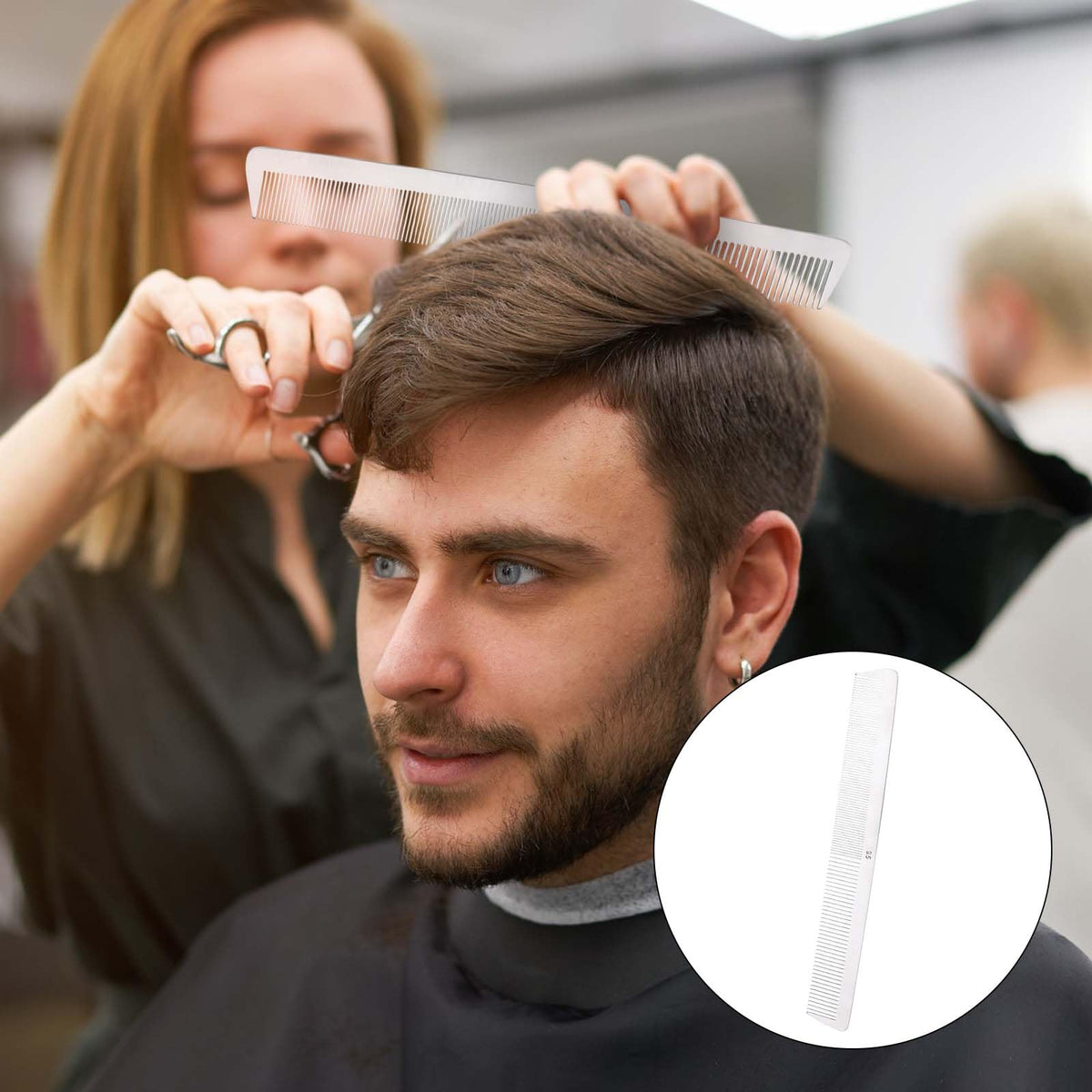 Mozeat Lens combs tucked in a stylist apron showing portability and quick access benefits