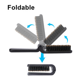 Mozeat Lens folded brush next to a credit card to show pocket-friendly size and convenience